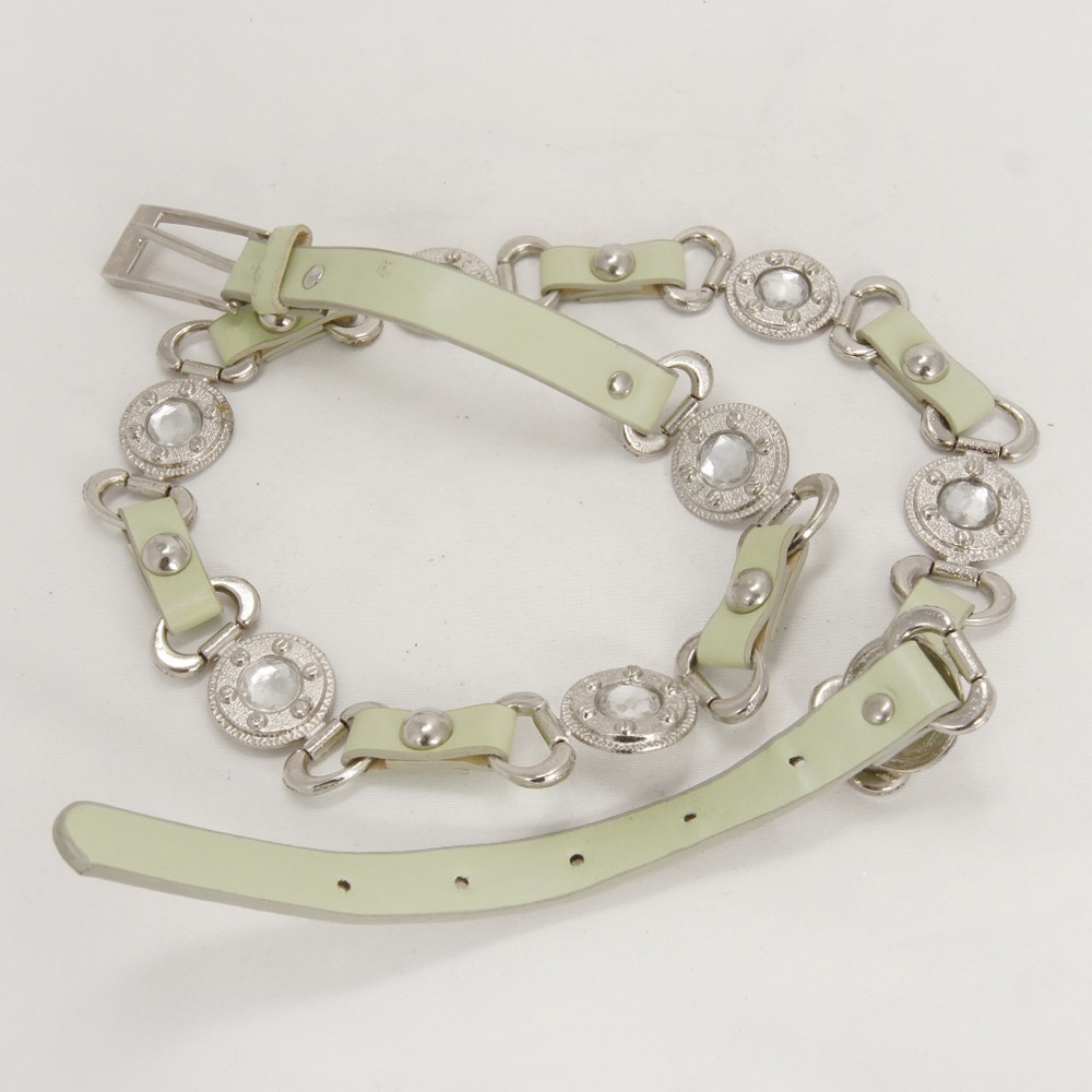 Vintage 90s Y2K Pastel Green Silber Crystal Jewel Studded Chain Belt